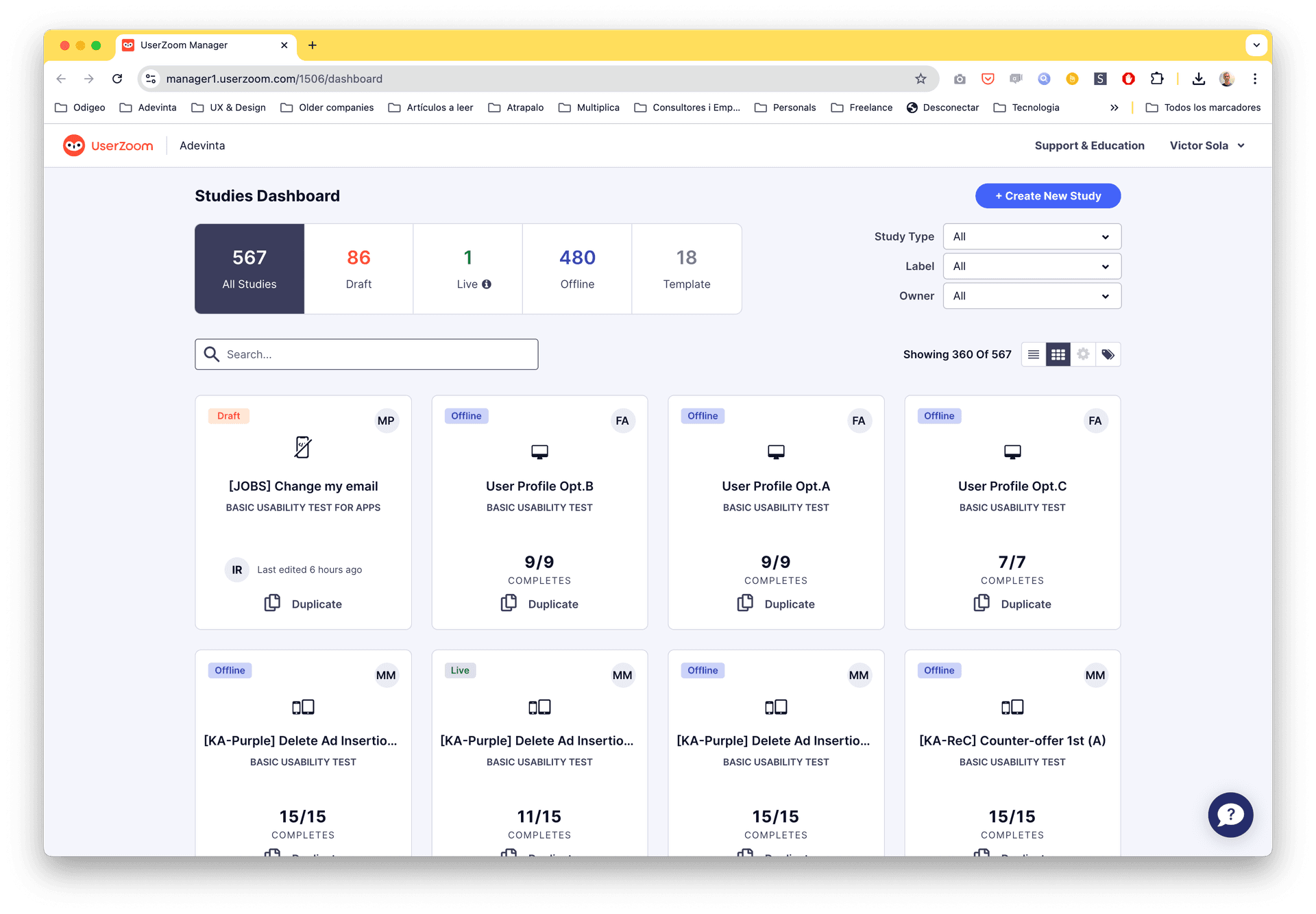 Userzoom tool dashboard