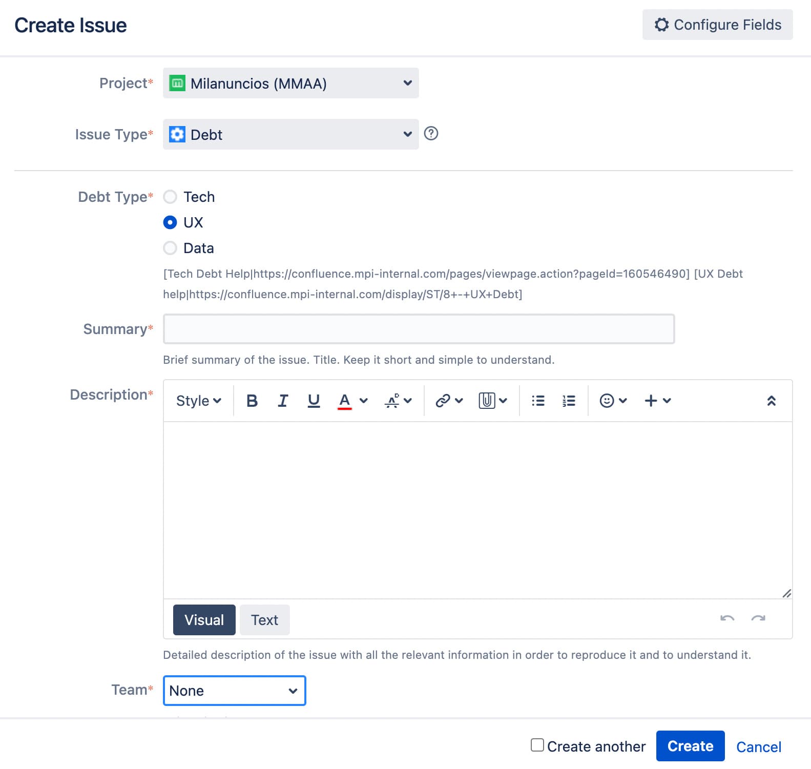 Jira issue type example for UX Debt